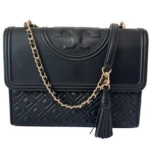 Tory Burch Fleming Leather Convertible Shoulder Bag Crossbody Black Chain Logo